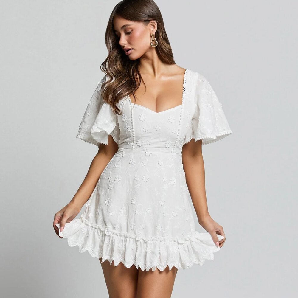 Showpo "Fancy A Spritz" Mini Floral Embroidered Dress White Size 4